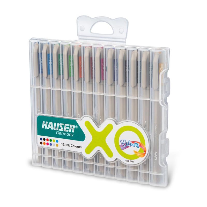 Hauser XO Multicolor Gel Pen with Hard Box Case, 12 Bright Ink Colors Pack, Set of 1