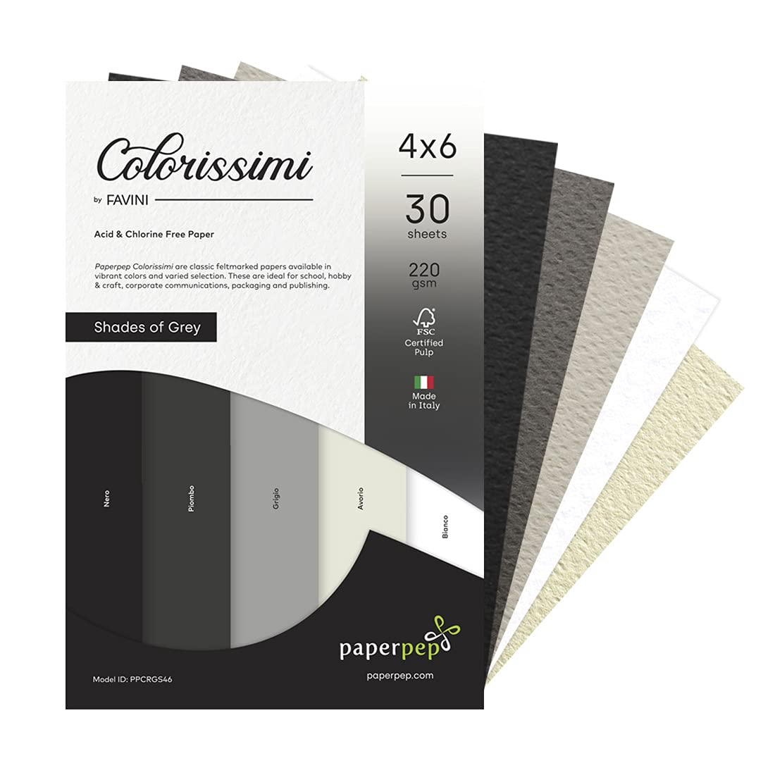 PaperPep Colorissimi Card Stock 220GSM 4"X6" Shades of Grey Assorted Pack of 30 Sheets