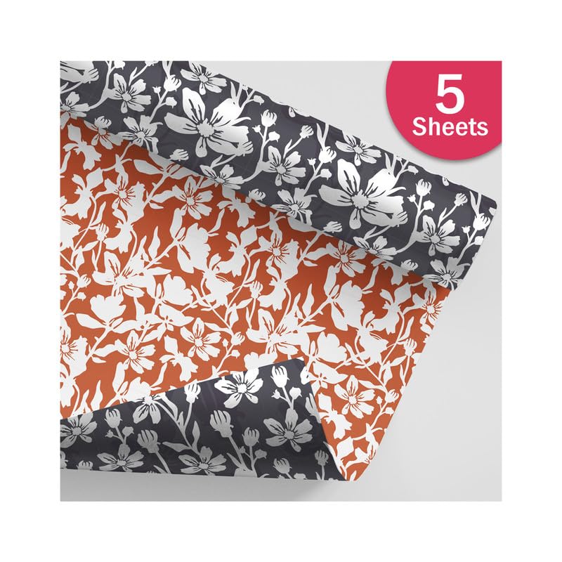 PaperPep Red & Dark Grey White Flowers Double Sides Print 19"X29" Gift Wrapping Paper, Pack of 5