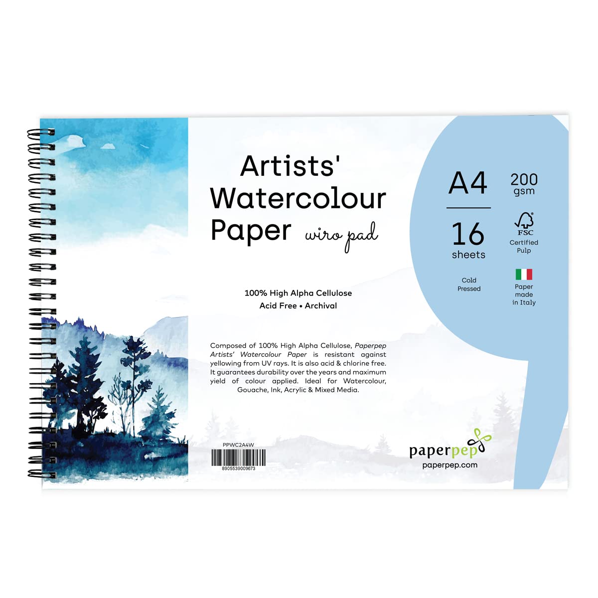 PaperPep Artists' Watercolour Wiro Pads 200GSM Cold Pressed A4 16 Sheets
