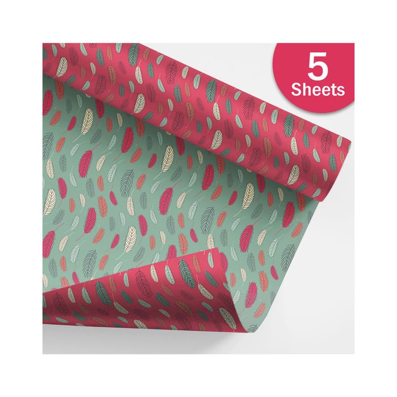 PaperPep Red & Green Feathers Double Sides Print 19"X29" Gift Wrapping Paper, Pack of 5