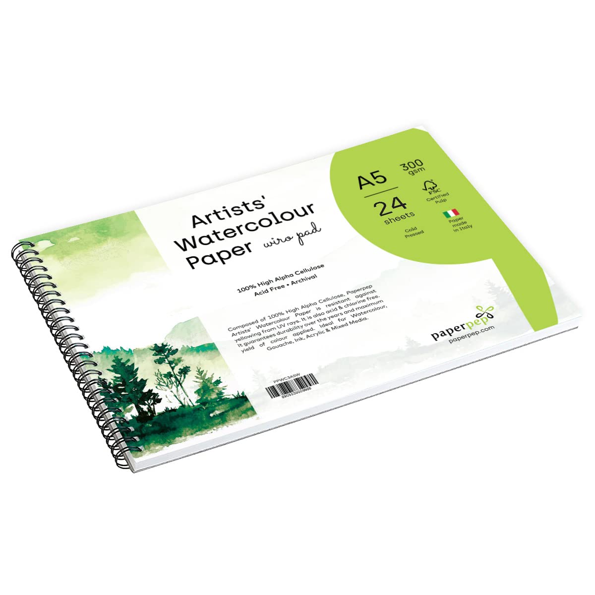 PaperPep Artists' Watercolour Wiro Pads 300GSM Cold Pressed A5 24 Sheets