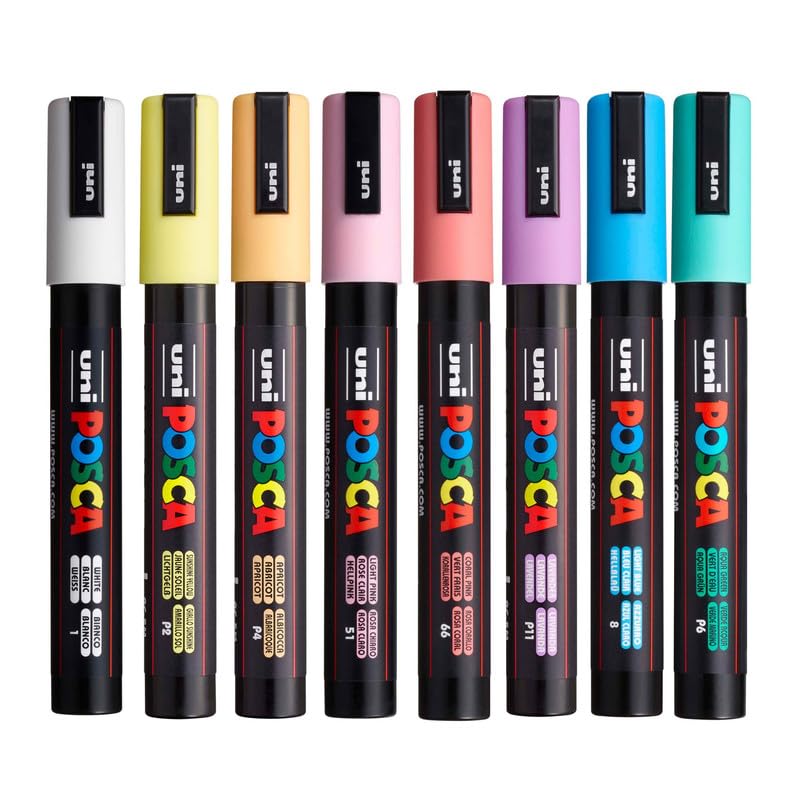 uni-ball POSCA 5M 1.8-2.5 mm Bullet Shaped Soft Color Markers, Multicolour Ink, Set of 8