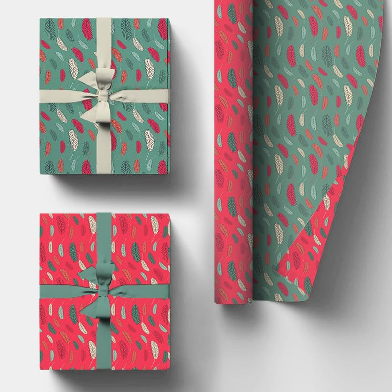 PaperPep Red & Green Feathers Double Sides Print 19"X29" Gift Wrapping Paper, Pack of 5