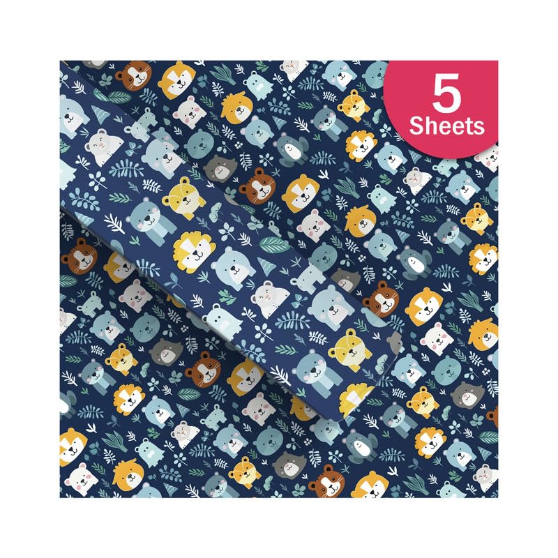 PaperPep Blue Cute Cartoon Animal Print 19"X29" Gift Wrapping Paper, Pack of 5