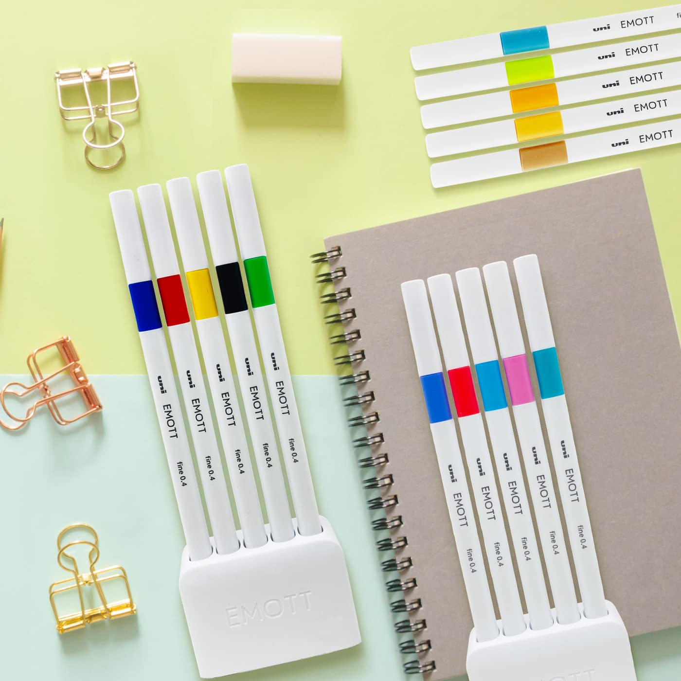uni-ball Emott SY6 Water Based Fineliner Pens, Bright Yellow, Light Green, Beige, Light Orange & Saxe Blue Ink, Pack of 5