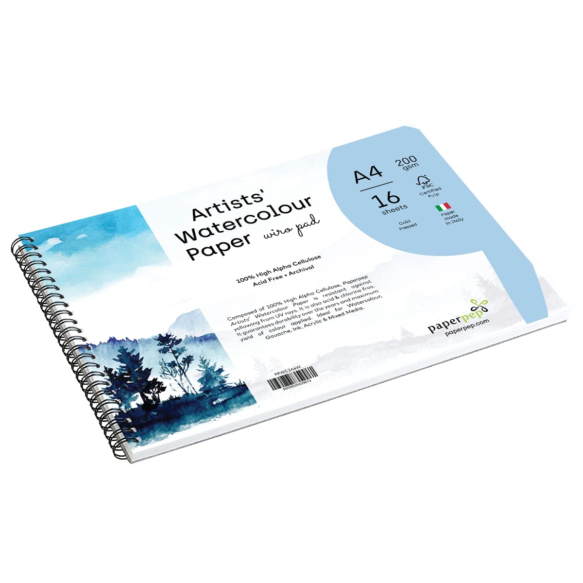 PaperPep Artists' Watercolour Wiro Pads 200GSM Cold Pressed A4 16 Sheets