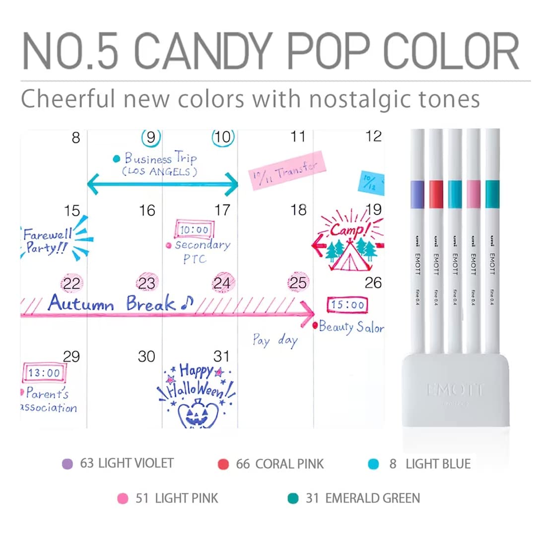 uni-ball Emott SY6 Water Based Fineliner Pens, Bright Yellow, Light Green, Beige, Light Orange & Saxe Blue Ink, Pack of 5