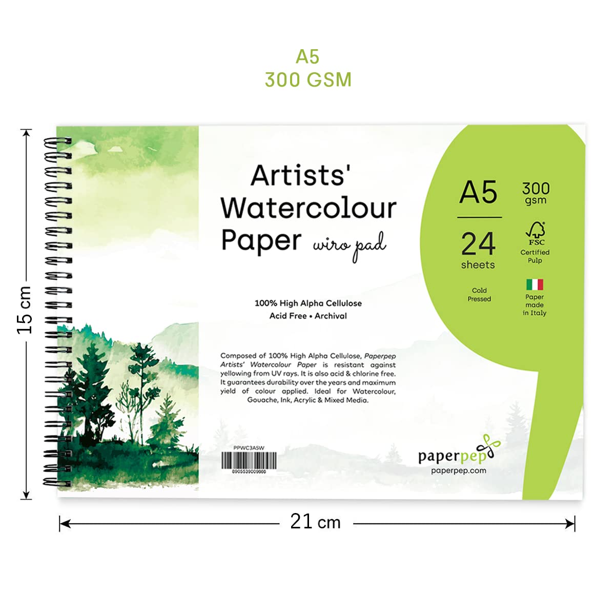 PaperPep Artists' Watercolour Wiro Pads 300GSM Cold Pressed A5 24 Sheets