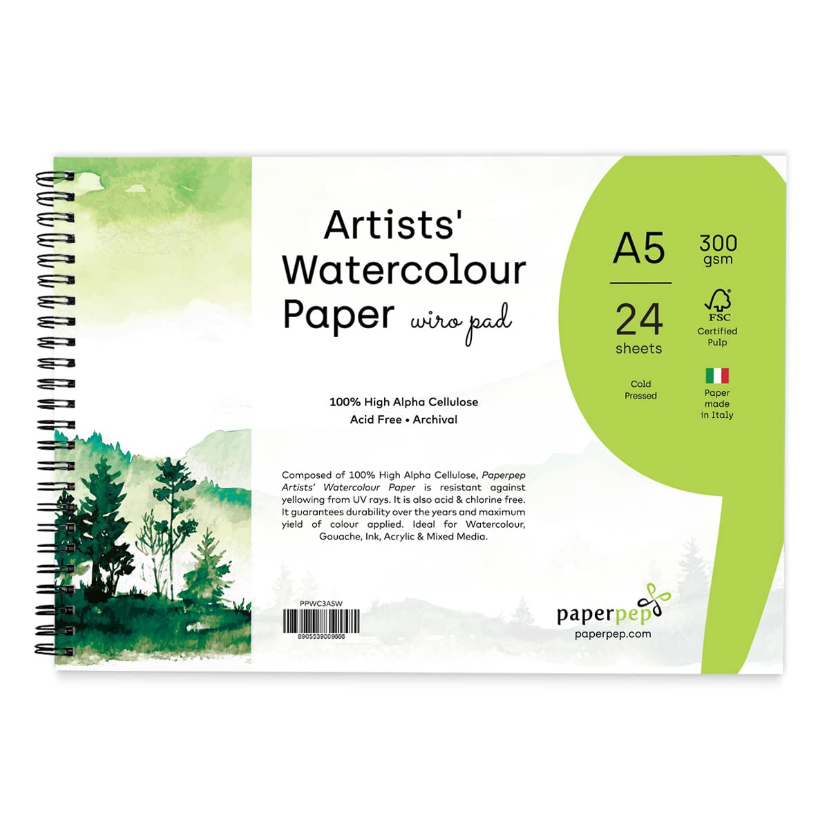 PaperPep Artists' Watercolour Wiro Pads 300GSM Cold Pressed A5 24 Sheets