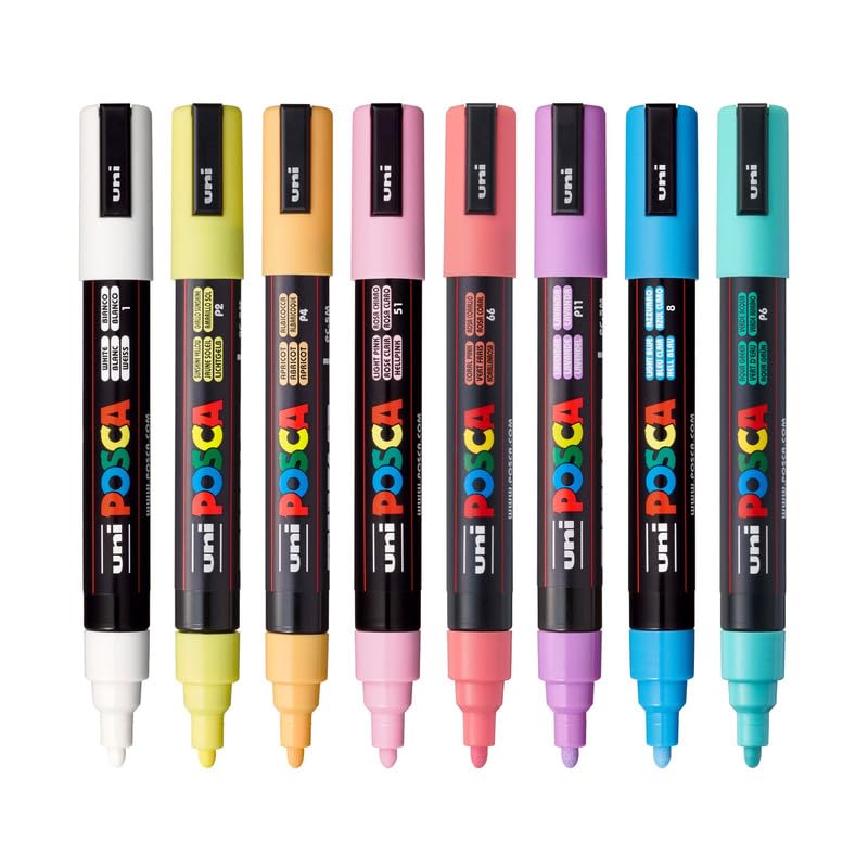 uni-ball POSCA 5M 1.8-2.5 mm Bullet Shaped Soft Color Markers, Multicolour Ink, Set of 8