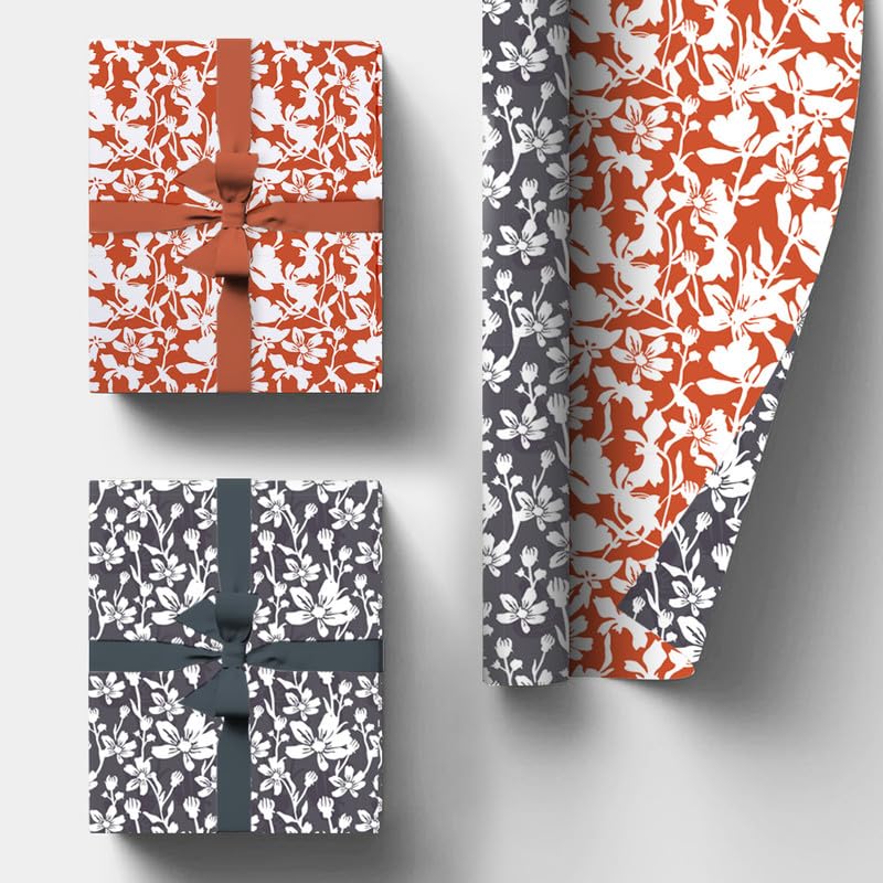 PaperPep Red & Dark Grey White Flowers Double Sides Print 19"X29" Gift Wrapping Paper, Pack of 5