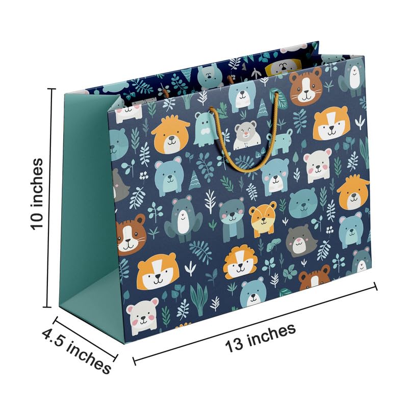 PaperPep Blue Cute Cartoon Animal Pattern Print 13.75"X4.75"X10" Gifting Paper Bag