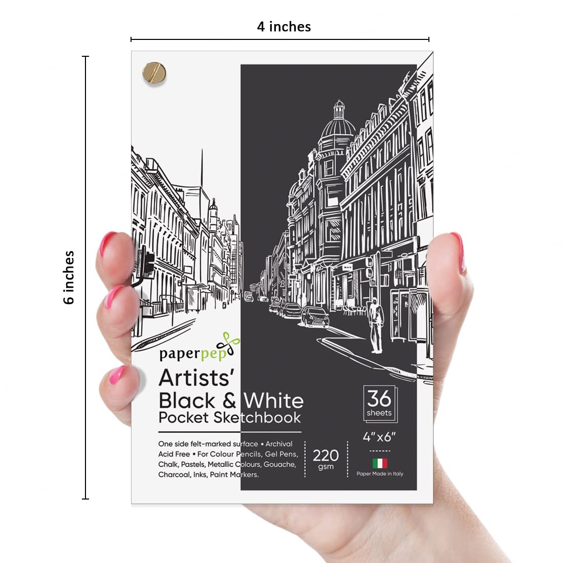 PaperPep Black & White Pocket Sketchbook 220GSM 4"X6" 36 Sheets