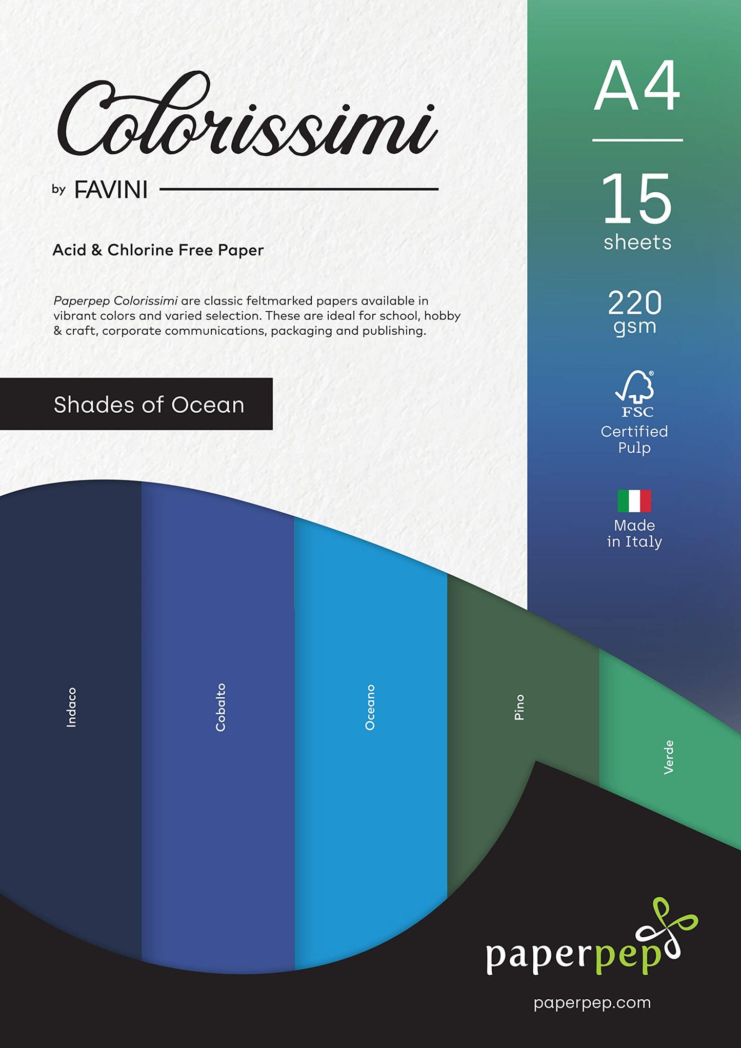 PaperPep Colorissimi 220GSM Card Stock A4 Shades of Ocean Assorted 15 Sheets