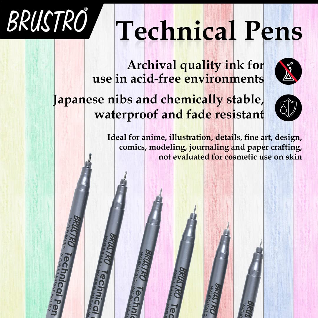 BRUSTRO Technical Pen Black Assorted, Set of 6