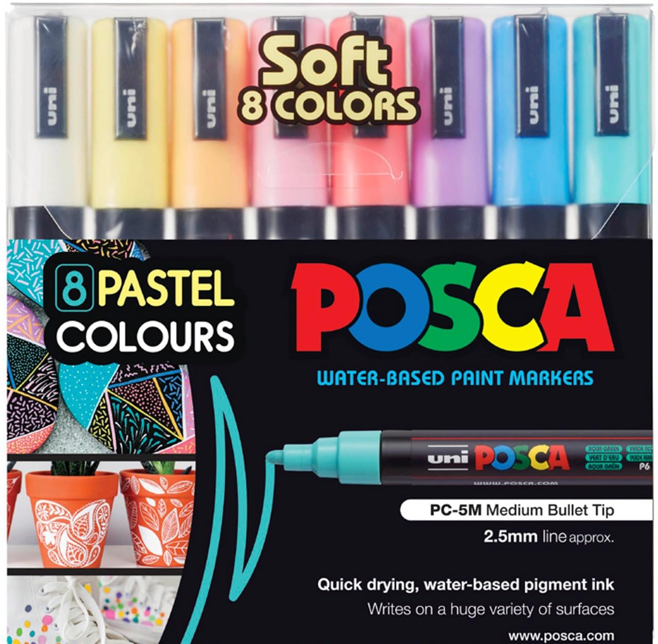uni-ball POSCA 5M 1.8-2.5 mm Bullet Shaped Soft Color Markers, Multicolour Ink, Set of 8