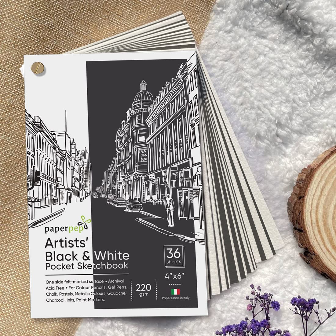 PaperPep Black & White Pocket Sketchbook 220GSM 4"X6" 36 Sheets
