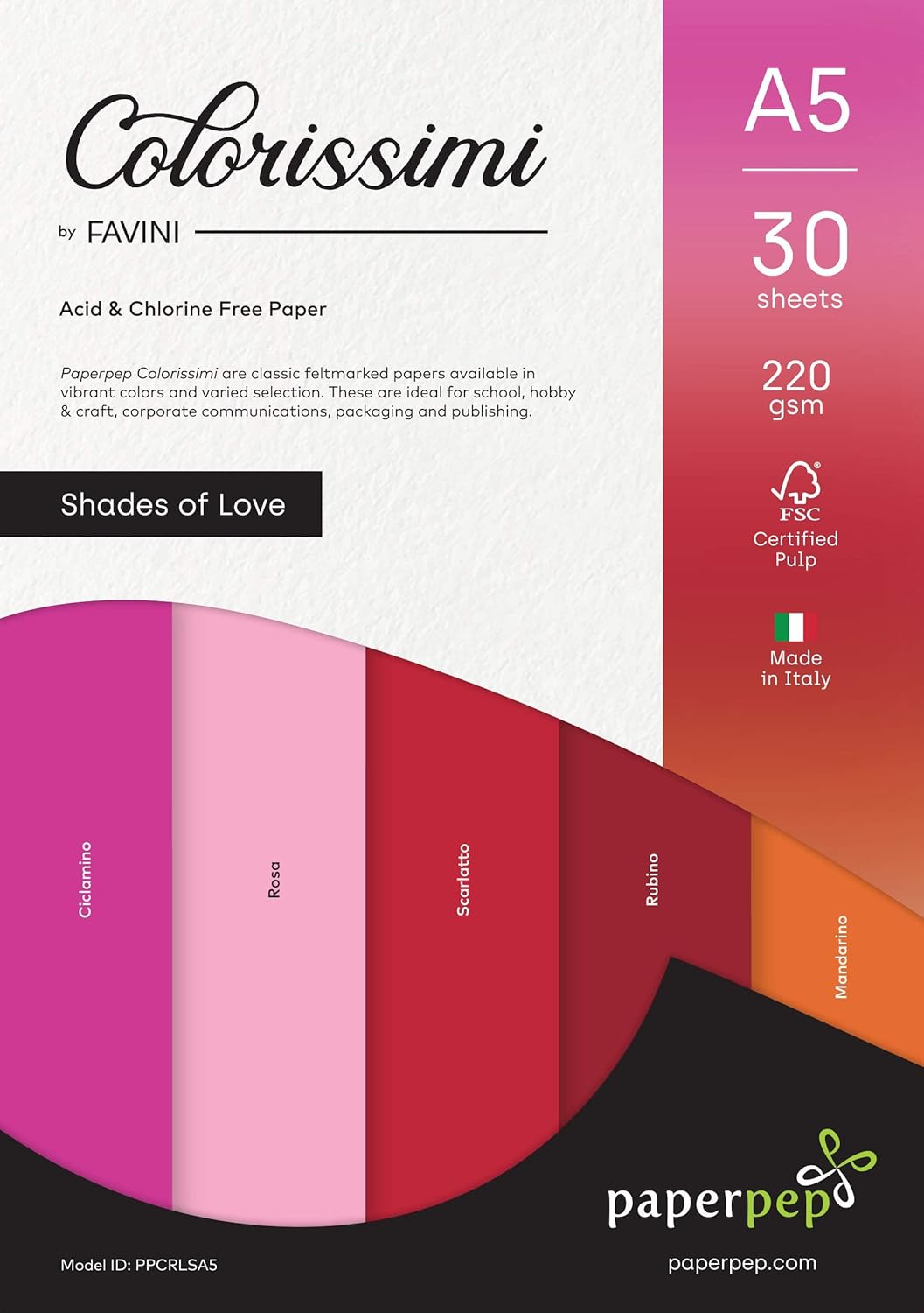 PaperPep Colorissimi 220GSM Card Stock A5 Shades of Love Assorted 30 Sheets