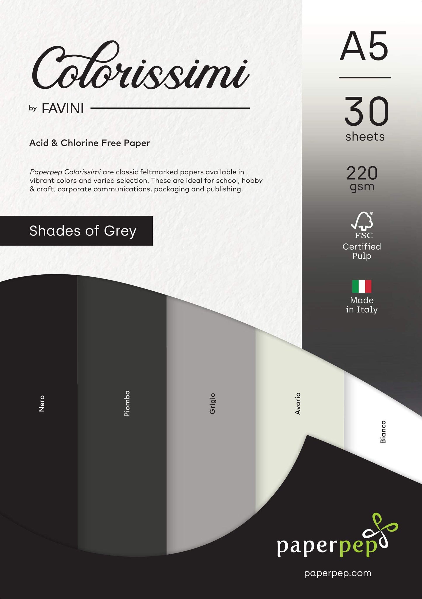 PaperPep Colorissimi 220GSM Card Stock A5 Shades of Grey Assorted 30 Sheets