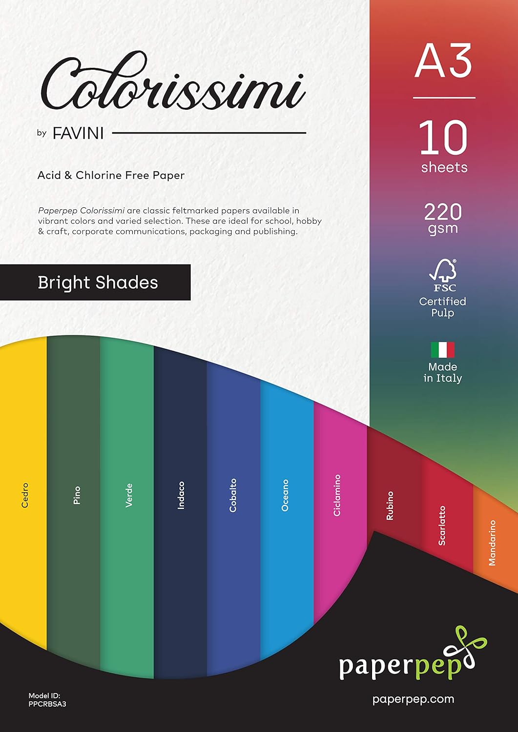 PaperPep Colorissimi 220GSM Card Stock A3 Bright Shades Assorted 10 Sheets