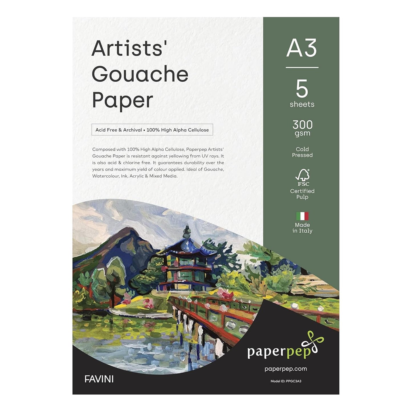 PaperPep Artists' Gouache Paint Paper 300GSM Cold Pressed A3 Pack of 5