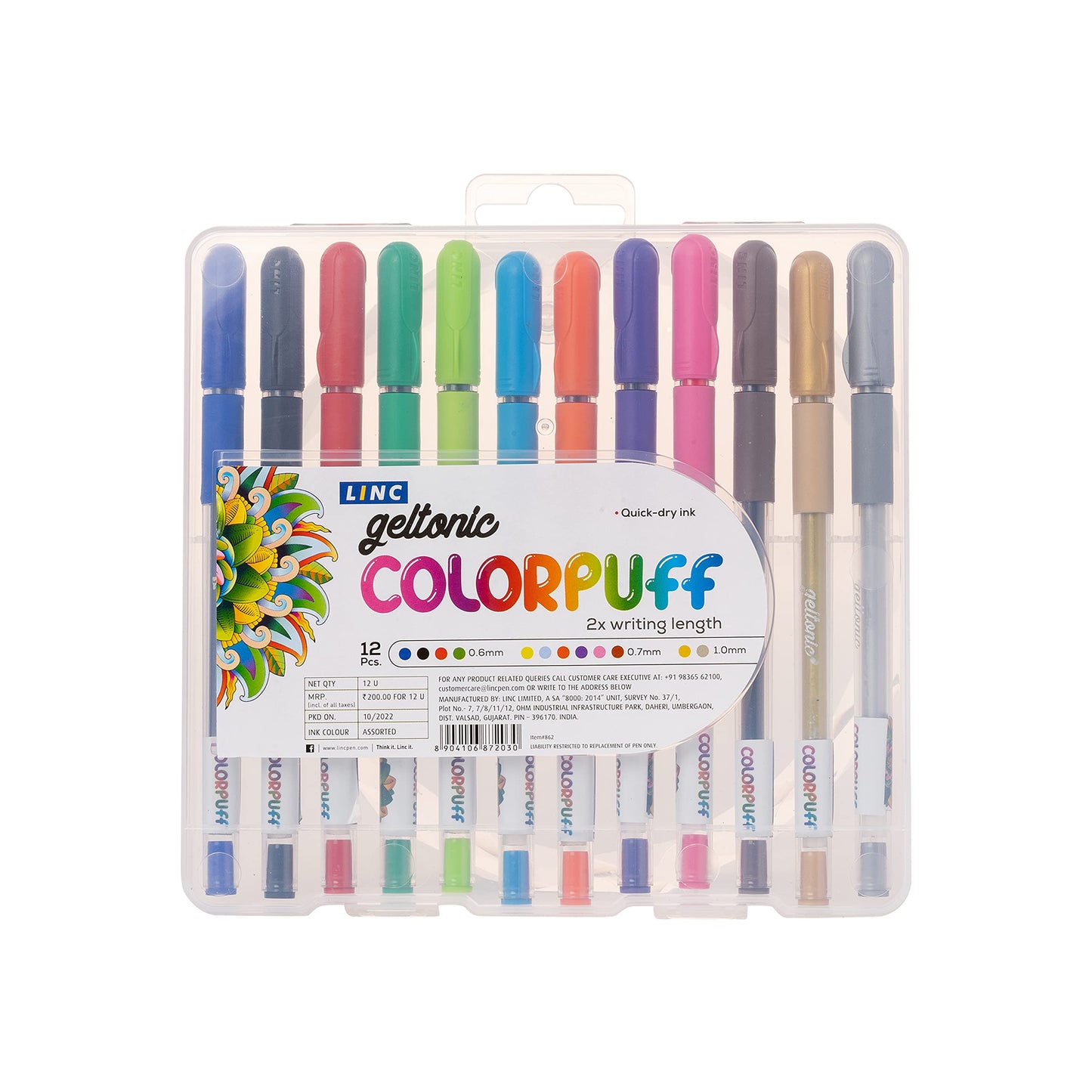 Linc Geltonic Colorpuff Multicolor Gel Pen with Hard Box Case, Set Of 12 Ink Colors, Pack Of 1