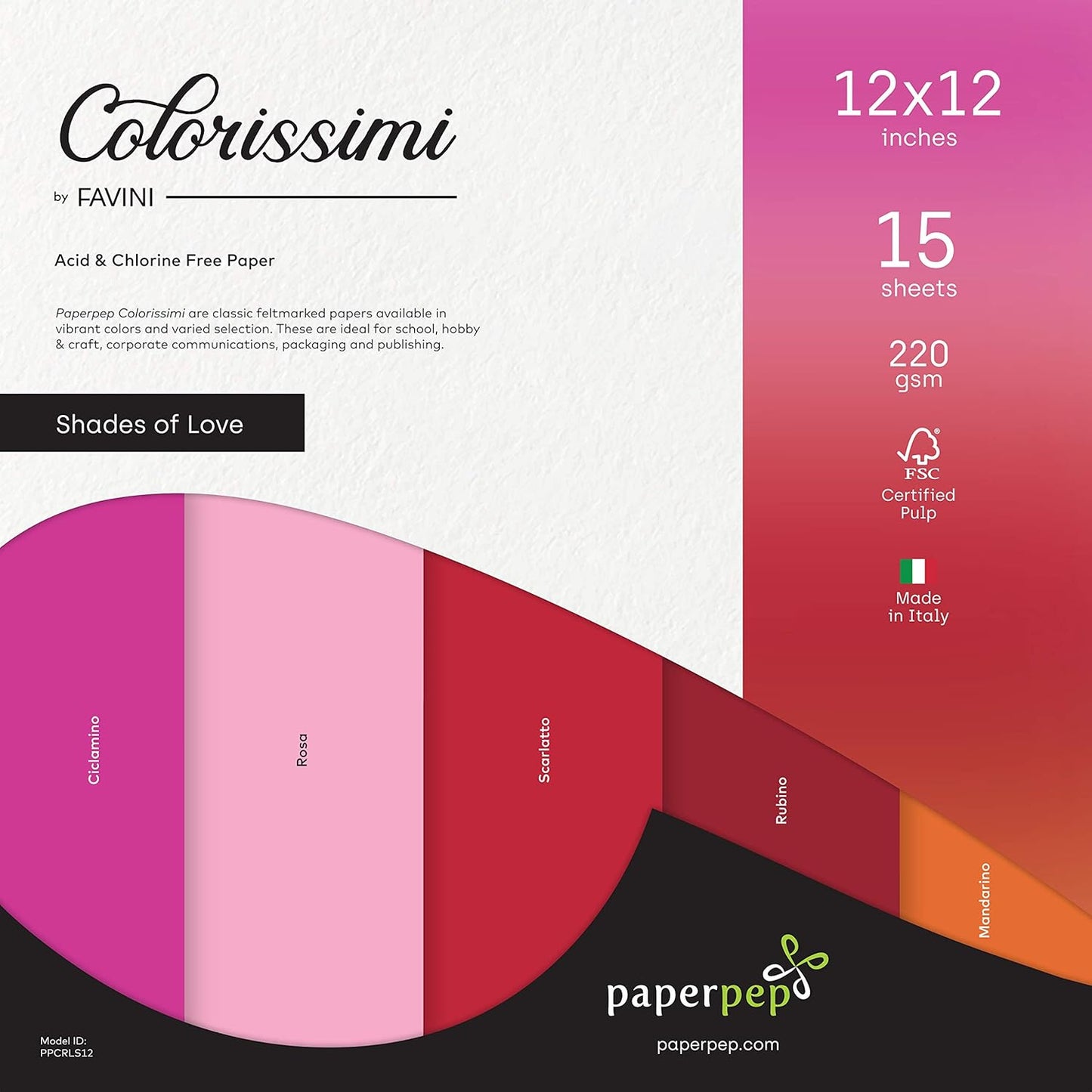 PaperPep Colorissimi 220GSM Card Stock 12"X12" Shades of Love Assorted 15 Sheets