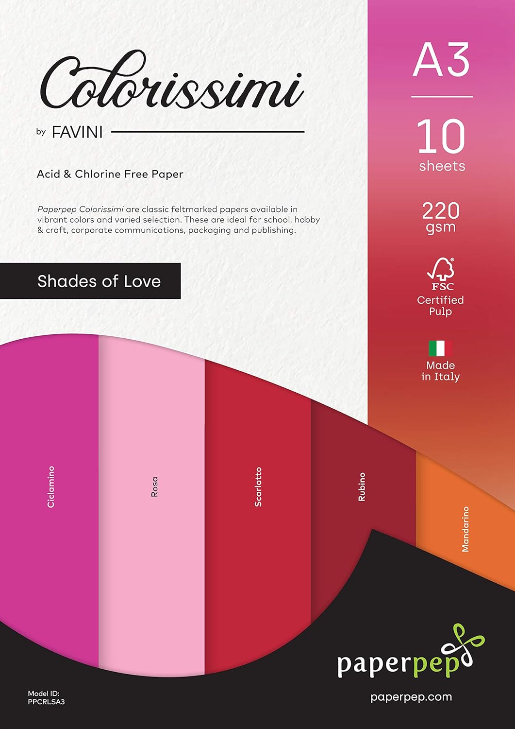 PaperPep Colorissimi 220GSM Card Stock A3 Shades of Love Assorted 10 Sheets