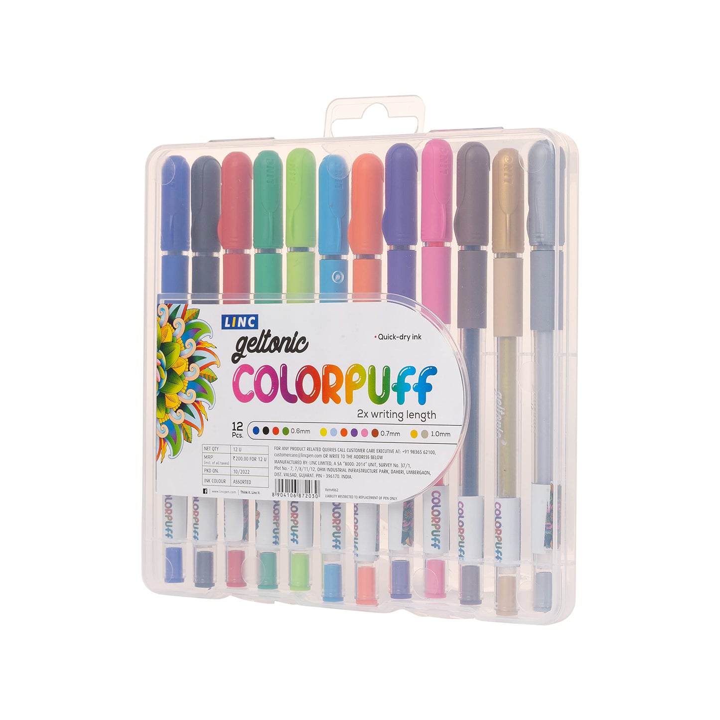 Linc Geltonic Colorpuff Multicolor Gel Pen with Hard Box Case, Set Of 12 Ink Colors, Pack Of 1