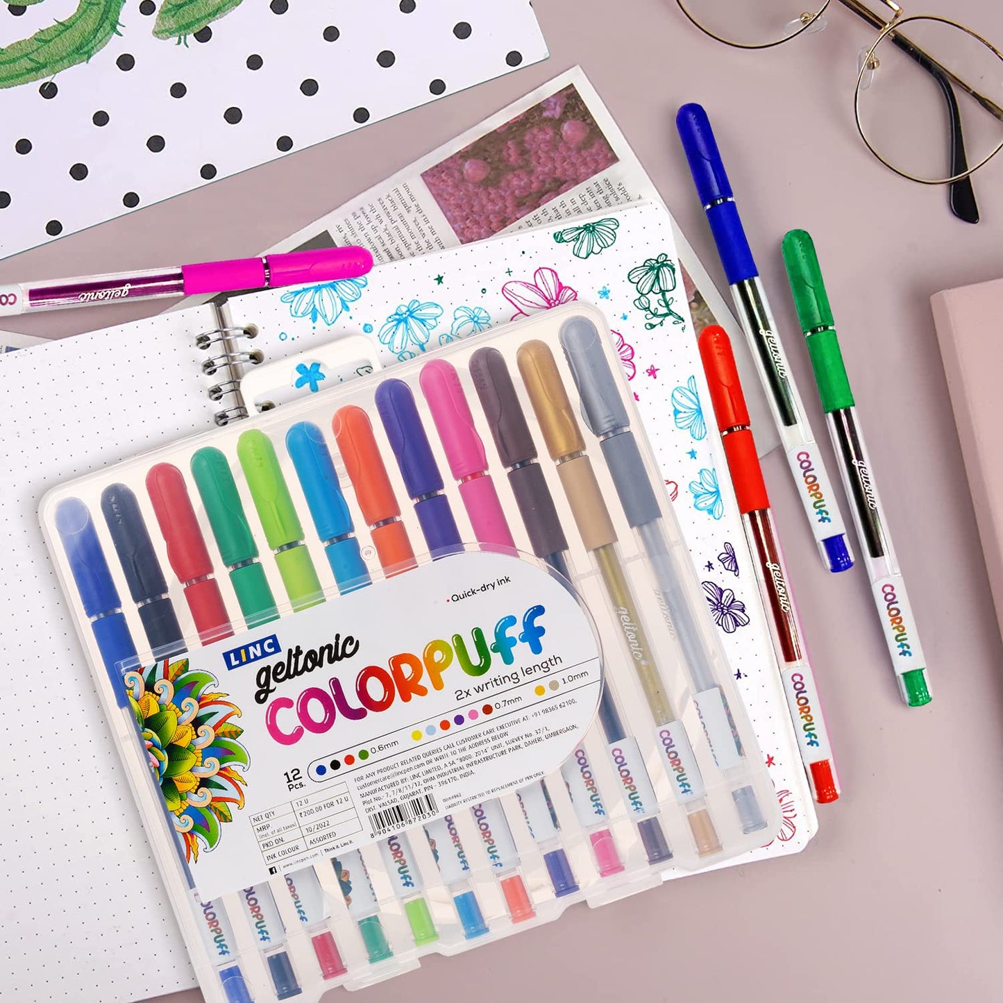 Linc Geltonic Colorpuff Multicolor Gel Pen with Hard Box Case, Set Of 12 Ink Colors, Pack Of 1