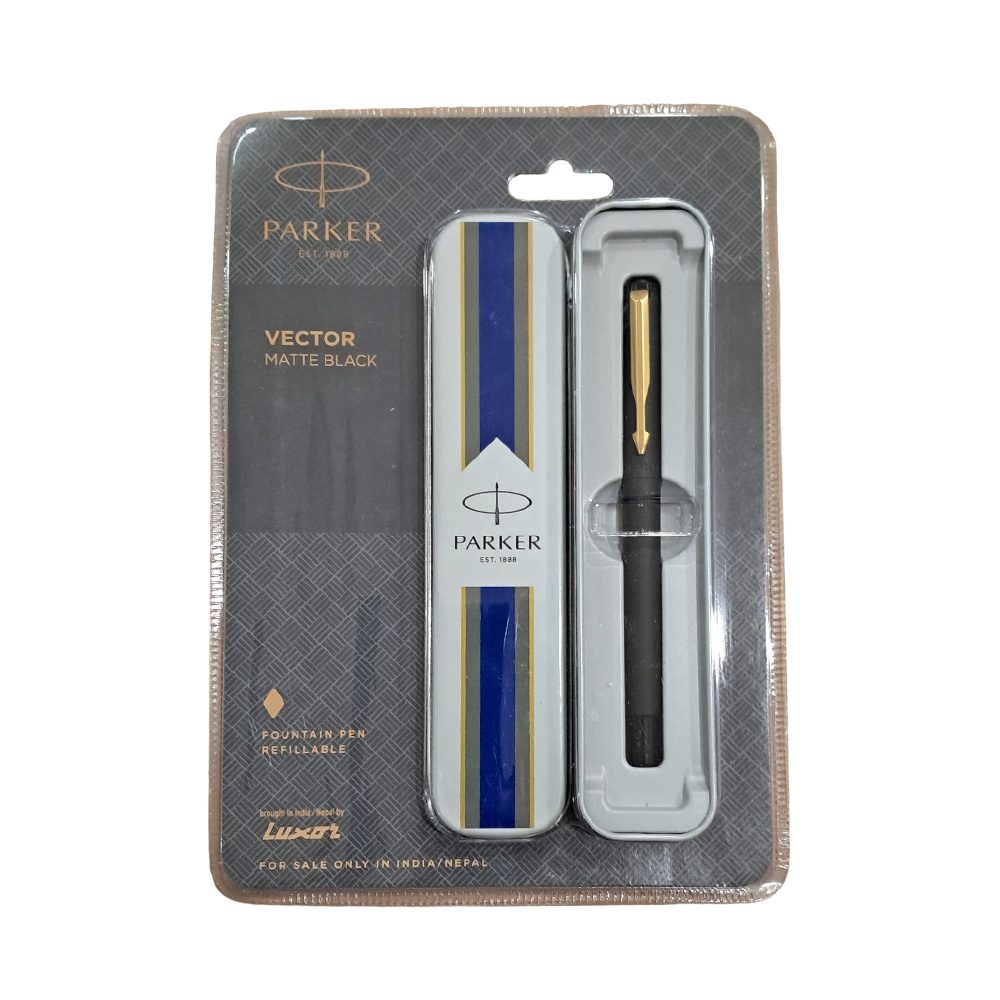 Parker Functional Vector Matte Black Gold Trim Fountain Pen, Blue Ink, Pack Of 1