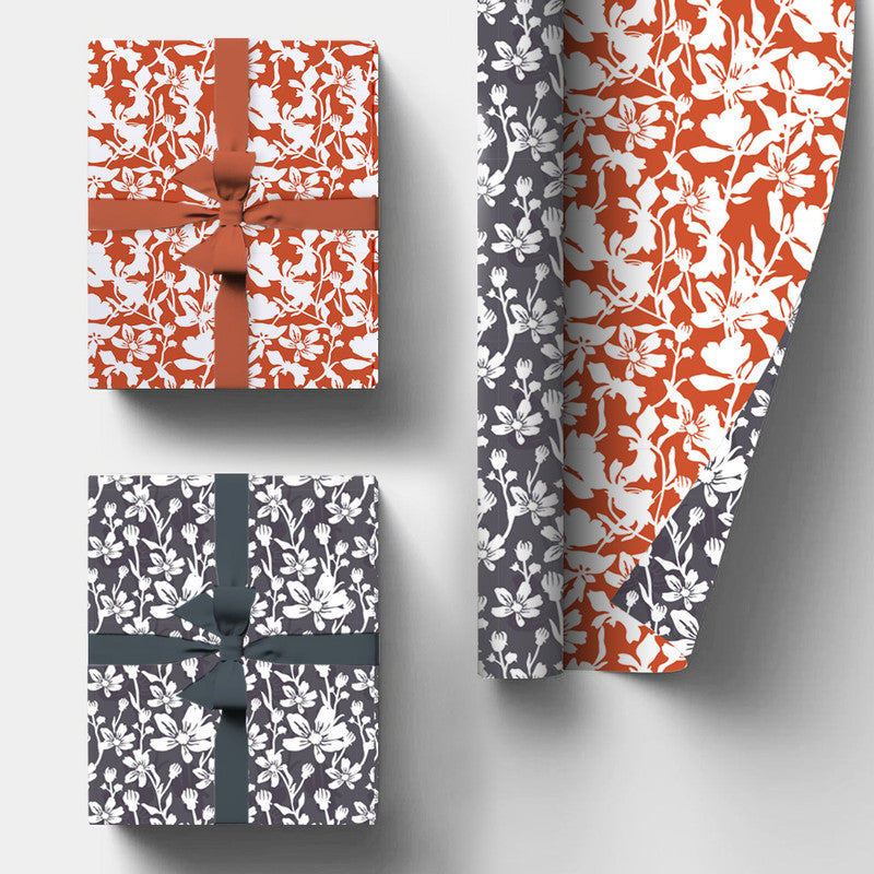 PaperPep Red & Dark Grey White Flowers Double Sides Print Gift Wrapping Paper 19"X29" Pack of 10 Sheets