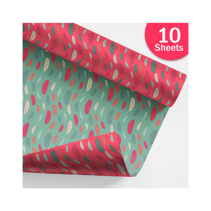 PaperPep Red & Green Feathers Double Sides Print Gift Wrapping Paper 19"X29" Pack of 10 Sheets