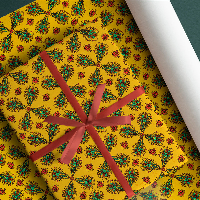 PaperPep Yellow Traditional Festive Mandala Print Gift Wrapping Paper 19"X29" Pack of 10 Sheet