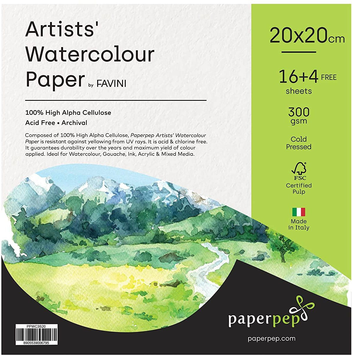 PaperPep Artists' Watercolour Paper 300GSM Cold Pressed 20X20CM Pack of 18