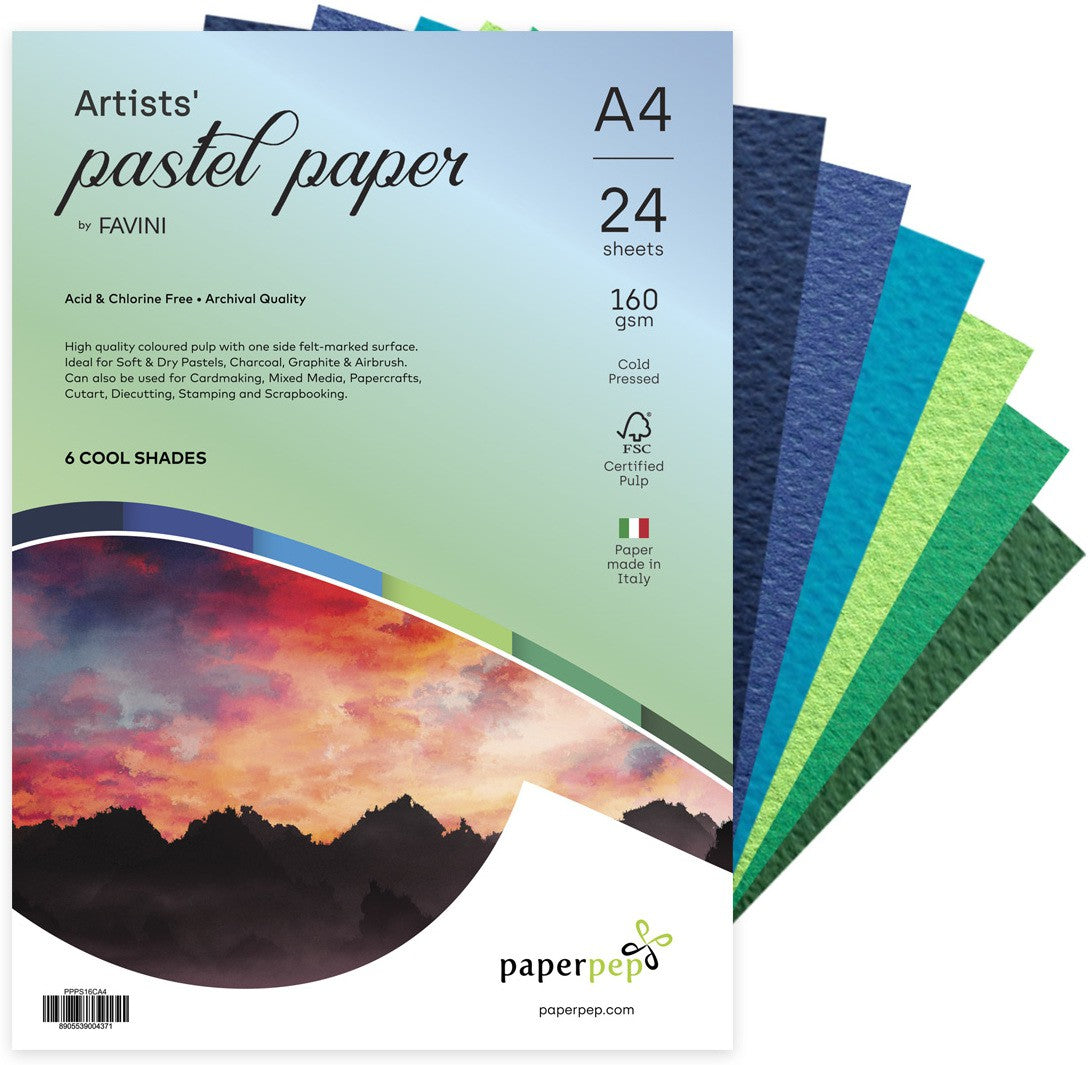 PaperPep Artists' Pastel Papers 160GSM A4 Cool Shades Assorted Pack of 24 Sheets