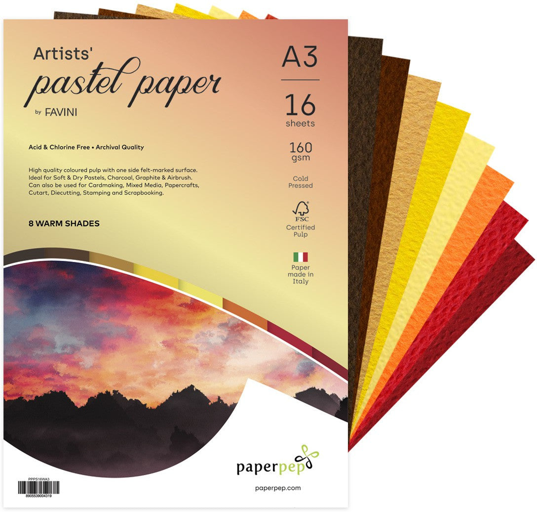 PaperPep Artists' Pastel Papers 160GSM A3 Warm Shades Assorted Pack of 16 Sheets