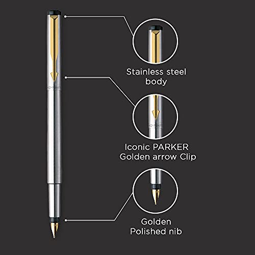 Parker Vector Stainless Steel Gold Trim Fountain Pen - Blue Ink, Pack Of 1