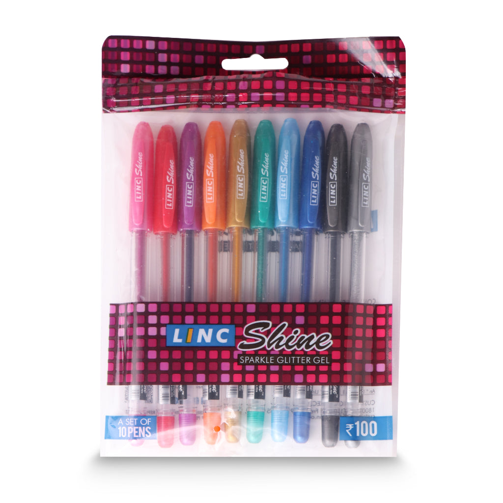 Linc Metallic Glitter Gel Pens, Sparkle Shine - Pack of 10 Assorted Colors