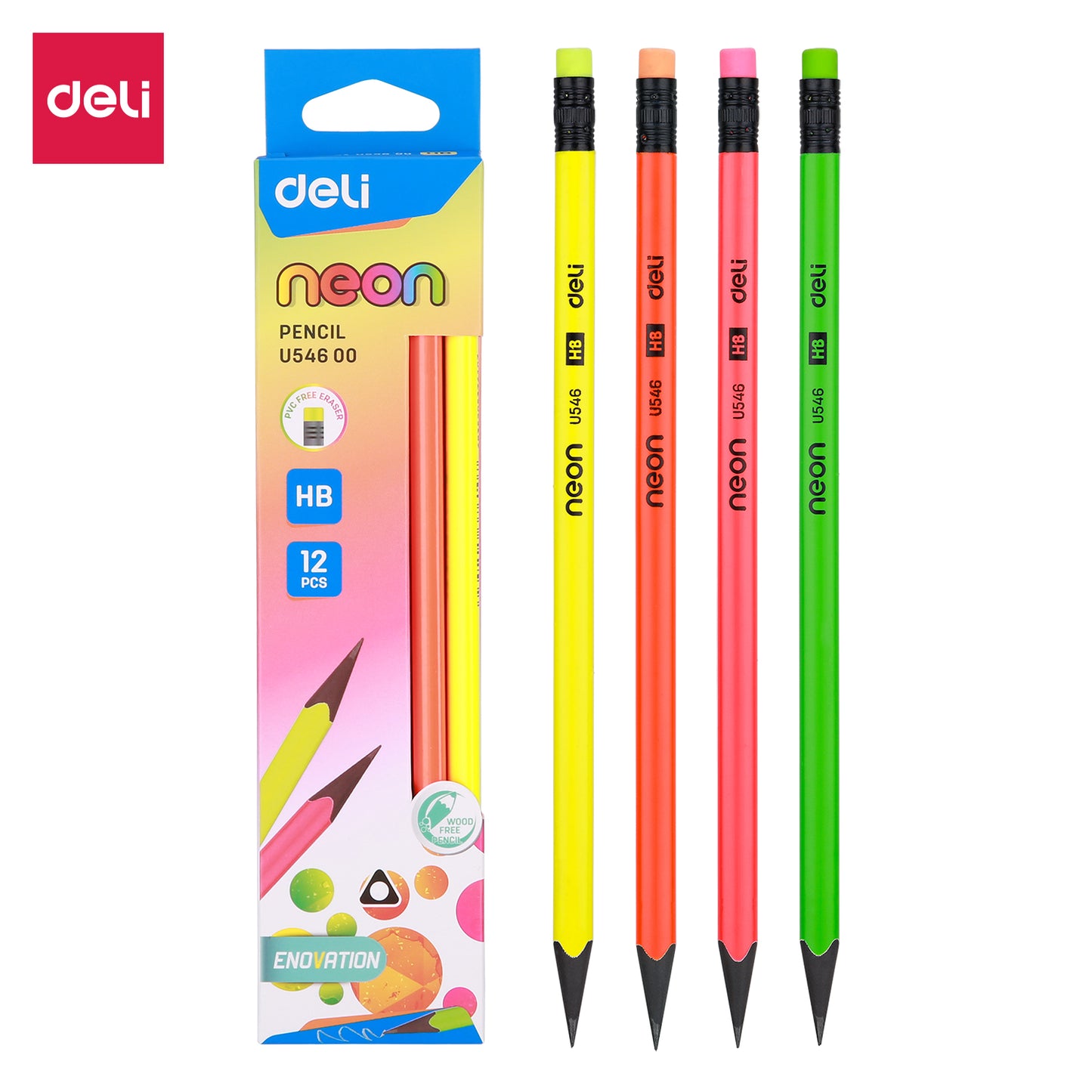 Deli WU54600 Neon Series Pre-Sharpened, Wood-Free, HB Pencils with Eraser (12 Pcs)