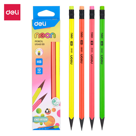 Deli WU54600 Neon Series Pre-Sharpened, Wood-Free, HB Pencils with Eraser (12 Pcs)