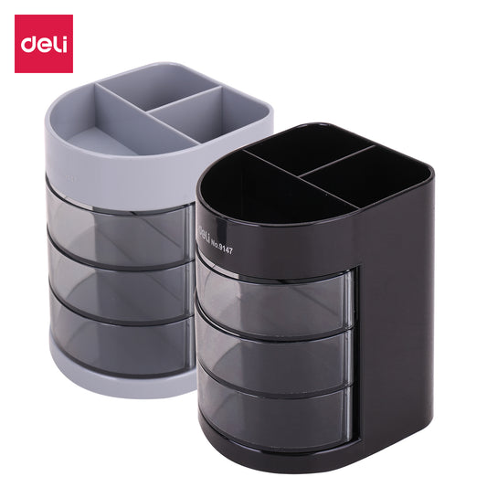 Deli W9147BK 3 Compartments & 3 Drawers Multipurpose Desk Organizer Pen Stand, Pack of 1 (Color May Vary)