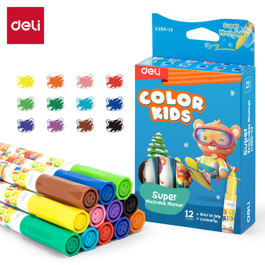 Deli Felt Pen EC155 12 Colors Washable Marker, Set of 1 (Multicolor)