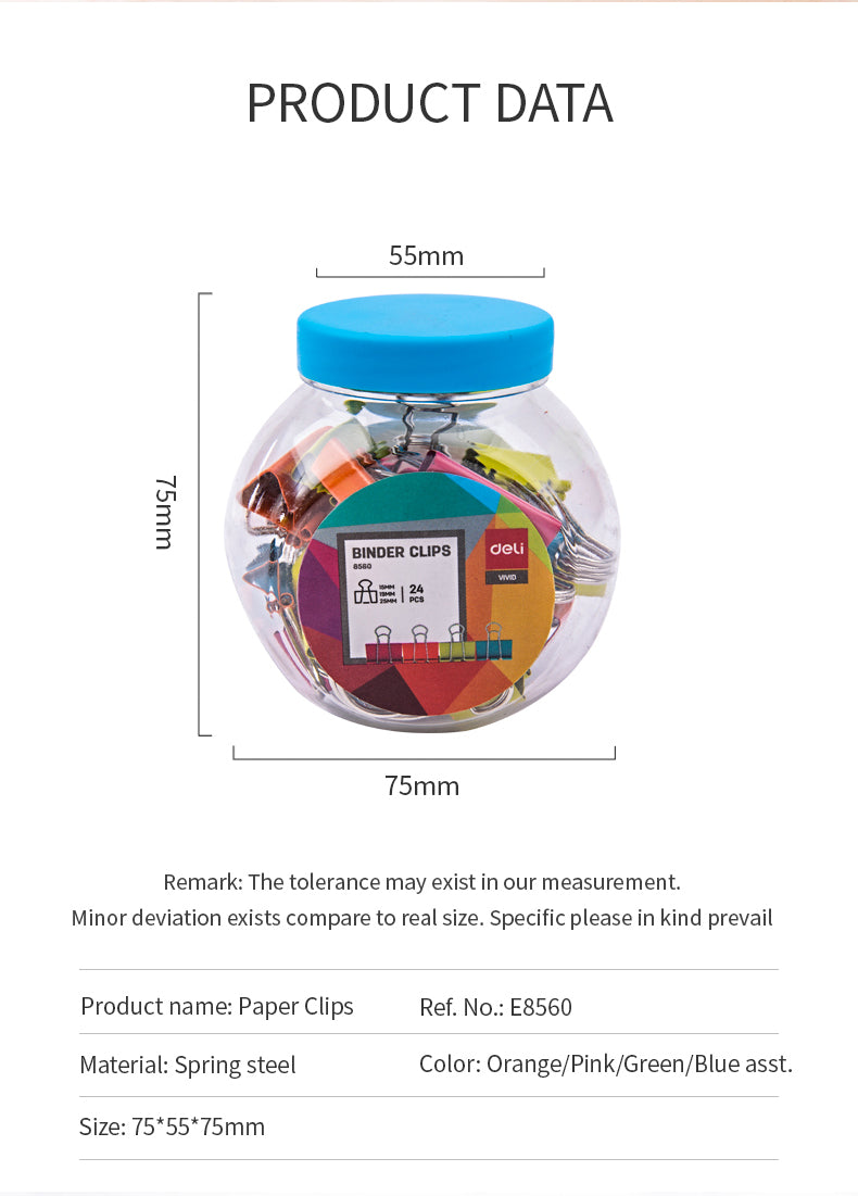 Deli W8560 Color Binder Clips 24 Pcs (Multicolor, Pack of 1)