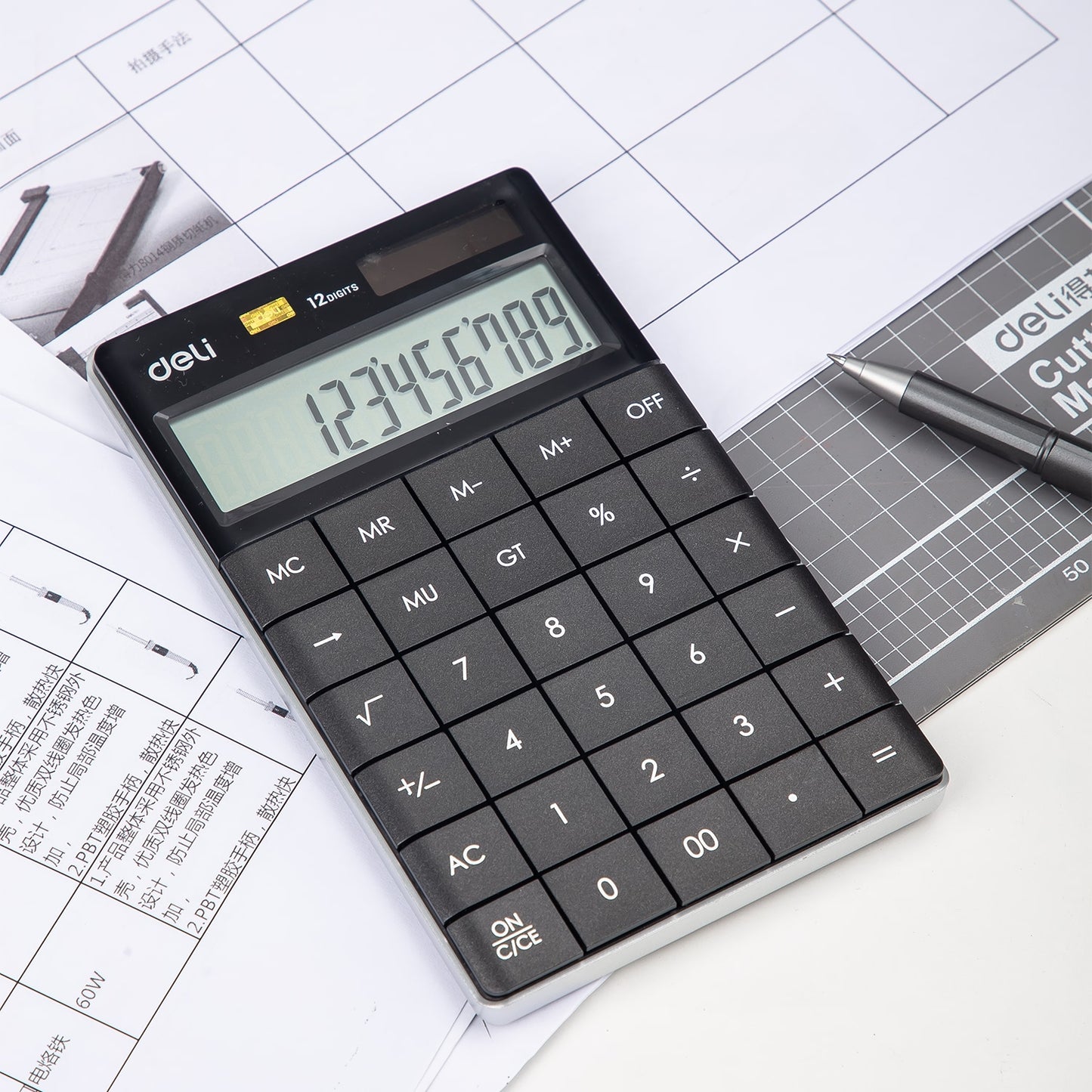 Deli W1589P Modern Compact Calculator 12-Digit, Black