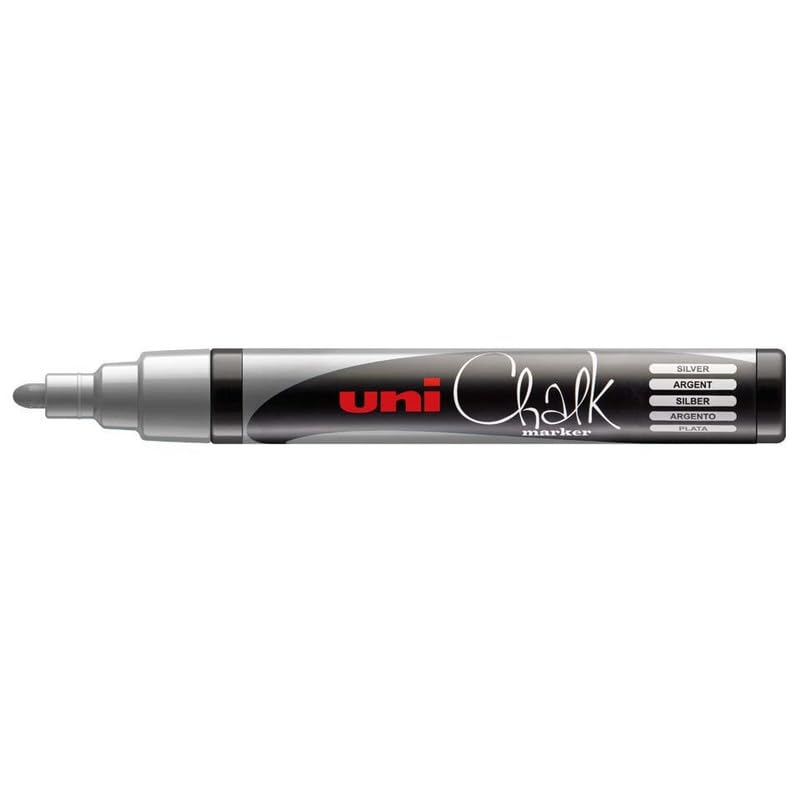 uni-Ball 5M PWE 1.8-2.5 mm Board & Glass Chalk Marker, Medium Bullet Tip Shaped, Silver Ink, Pack of 1