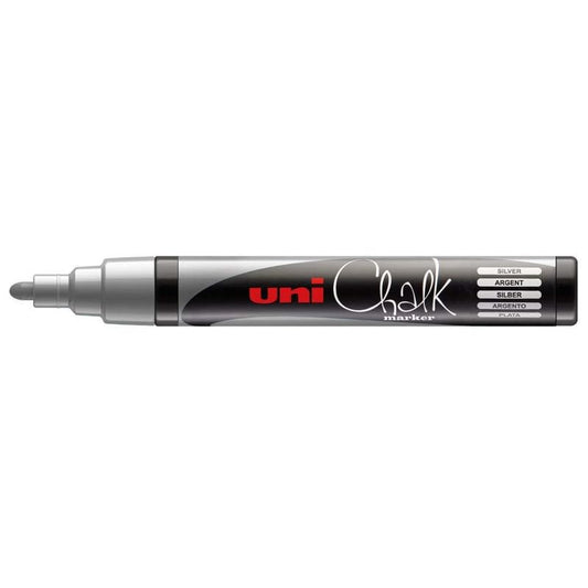 uni-Ball 5M PWE 1.8-2.5 mm Board & Glass Chalk Marker, Medium Bullet Tip Shaped, Silver Ink, Pack of 1