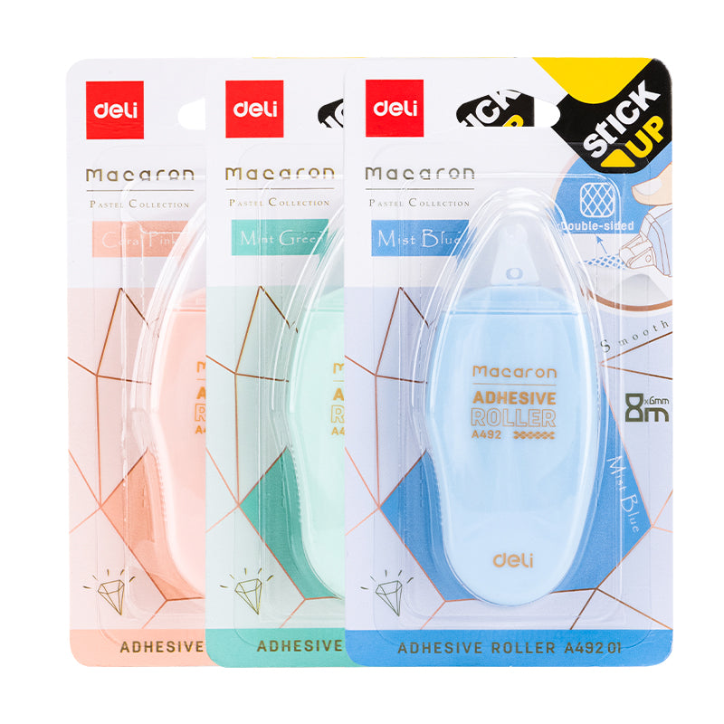 Deli Macaron WA49201 Blue Non-Toxic Double Sided Adhesive Roller Correction Tape (8M x 6mm, 1pcs, Color may Vary)