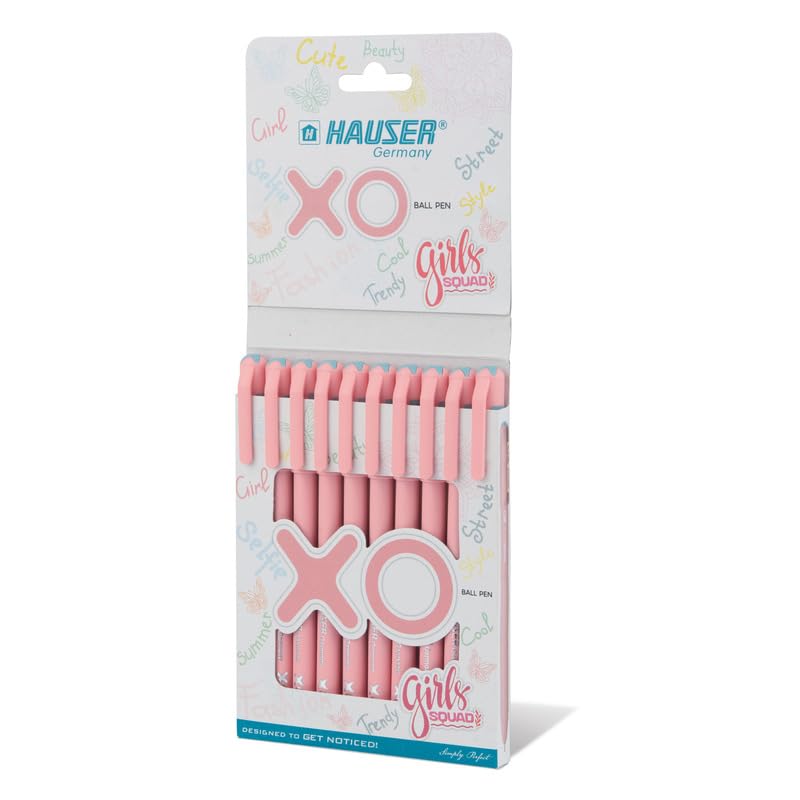 Hauser XO Girls Squad Pink Body 0.6mm Ball Pen, Blue Ink, Pack of 10